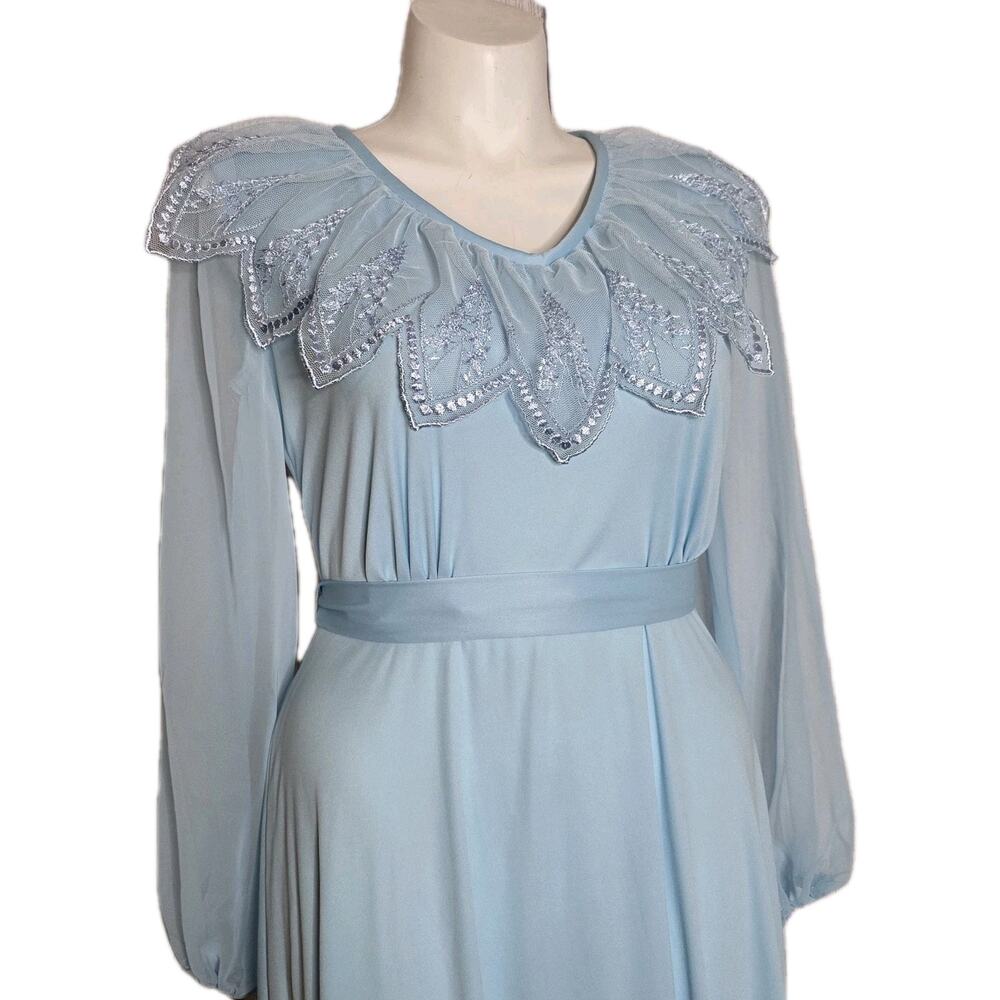 VTG 70s Baby Blue Maxi Dress w/ Sequin Applique Collar, sz Large - Picture 2 of 6